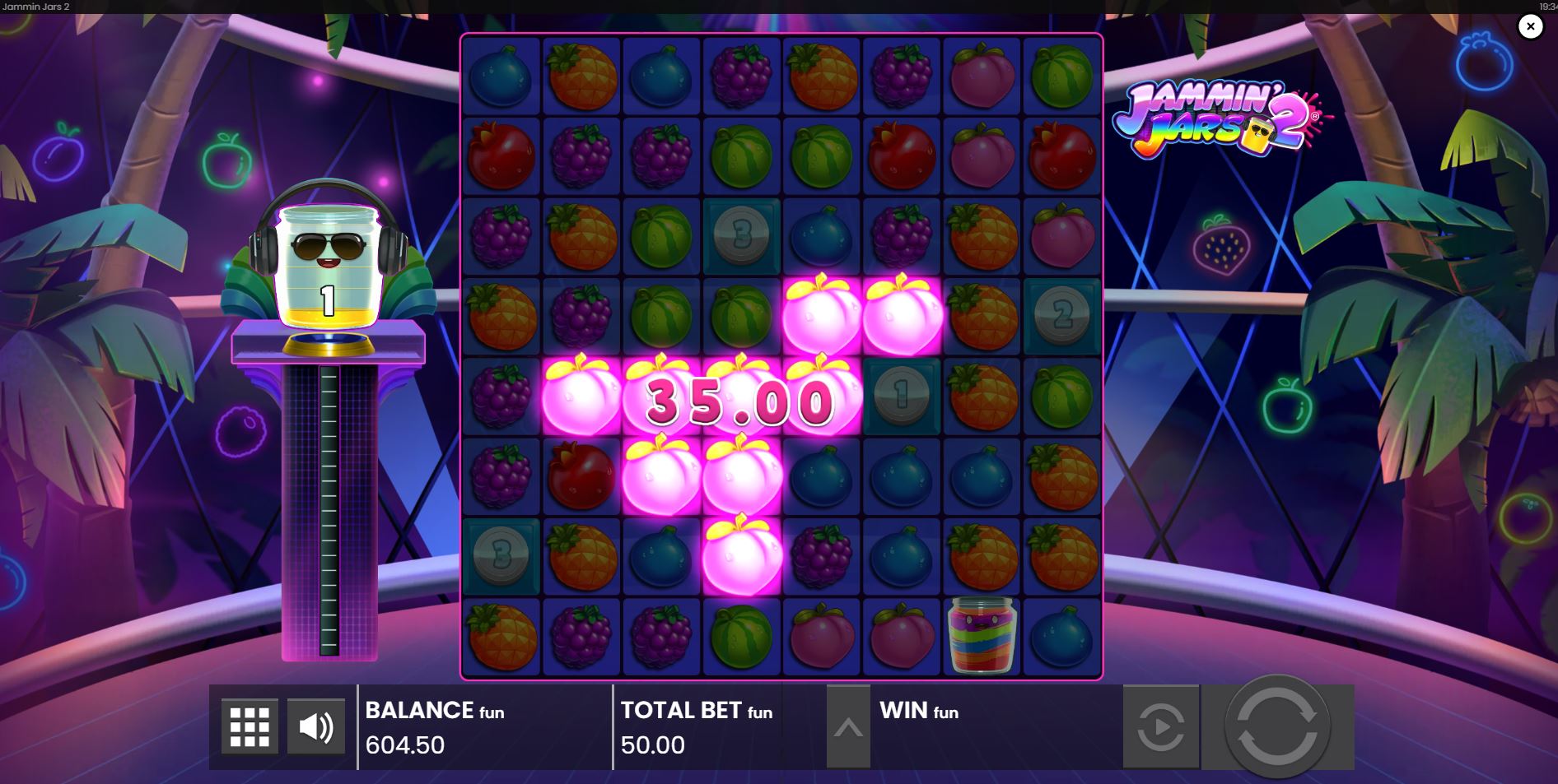 A large cluster win with cascading symbols in the Jammin' Jars 2 slot.