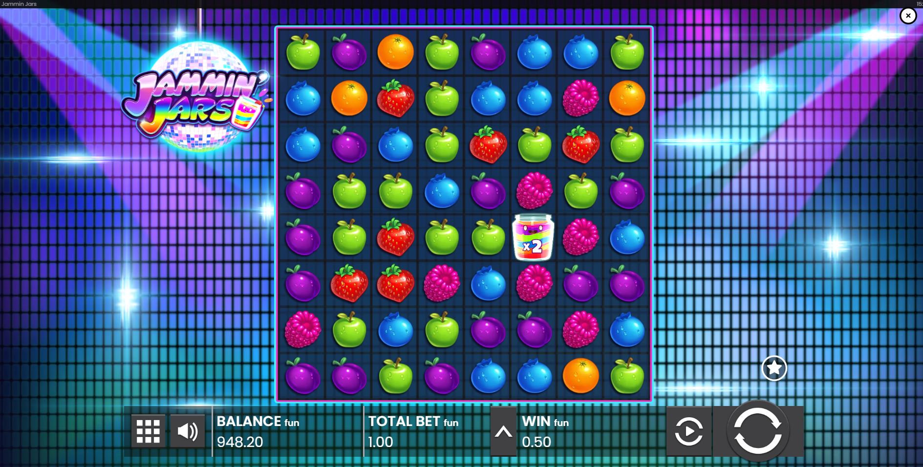 The 8x8 game grid of the Jammin' Jars slot with various fruit symbols and a Jam Jar wild.