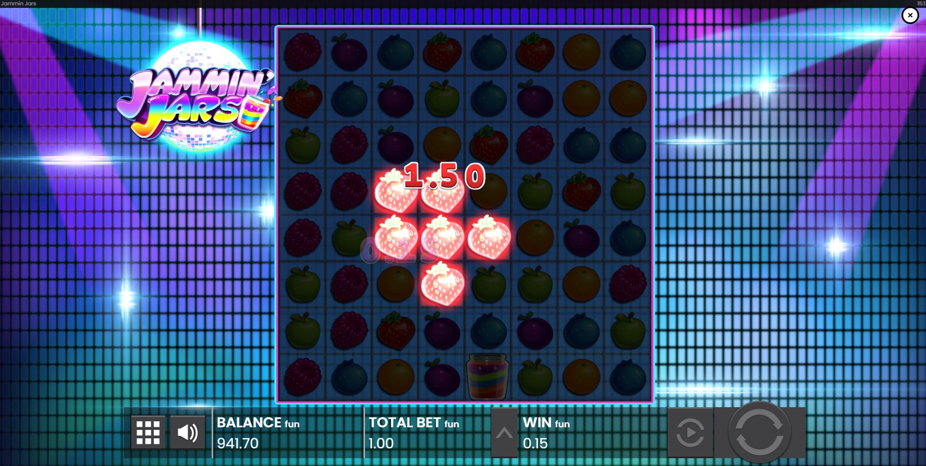 A large cluster win of strawberry symbols in the Jammin' Jars slot game.