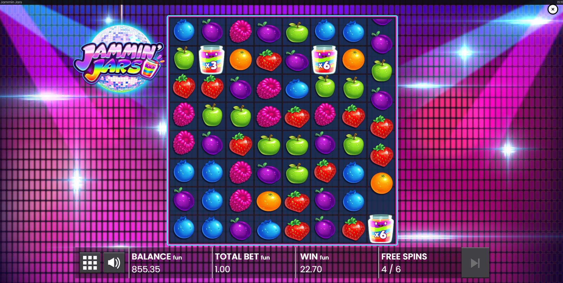 Jammin' Jars free spins round with multiple sticky Jam Jar wilds showing increased multipliers.