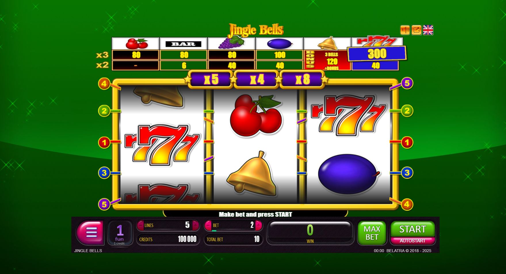 The base game screen of the Jingle Bells classic slot by Belatra, showing the 3x3 reel layout and Christmas theme.