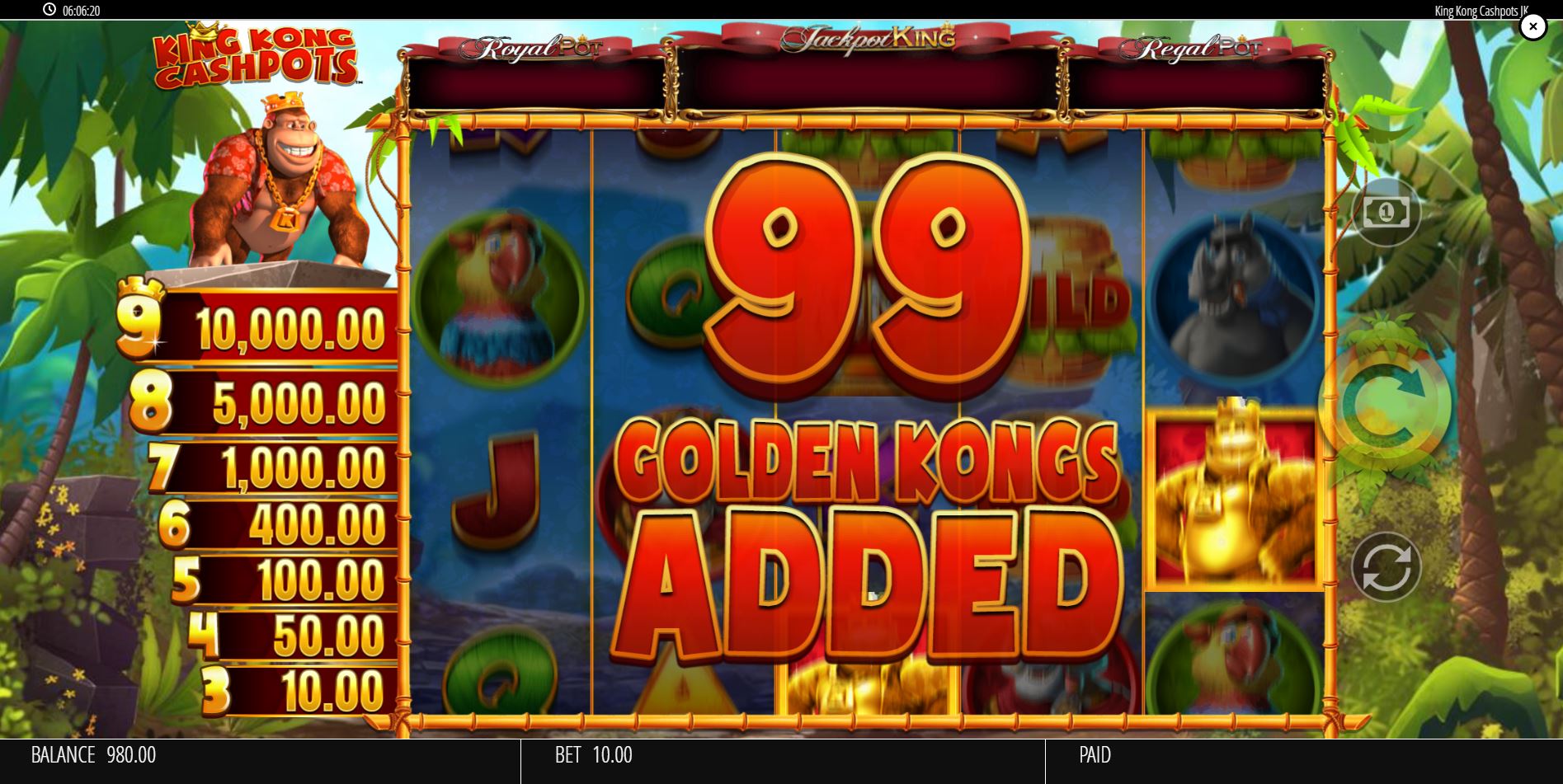 Golden Kongs Added" modifier feature activating in the King Kong Cashpots slot, preparing to add 99 high-value scatters to the reels.