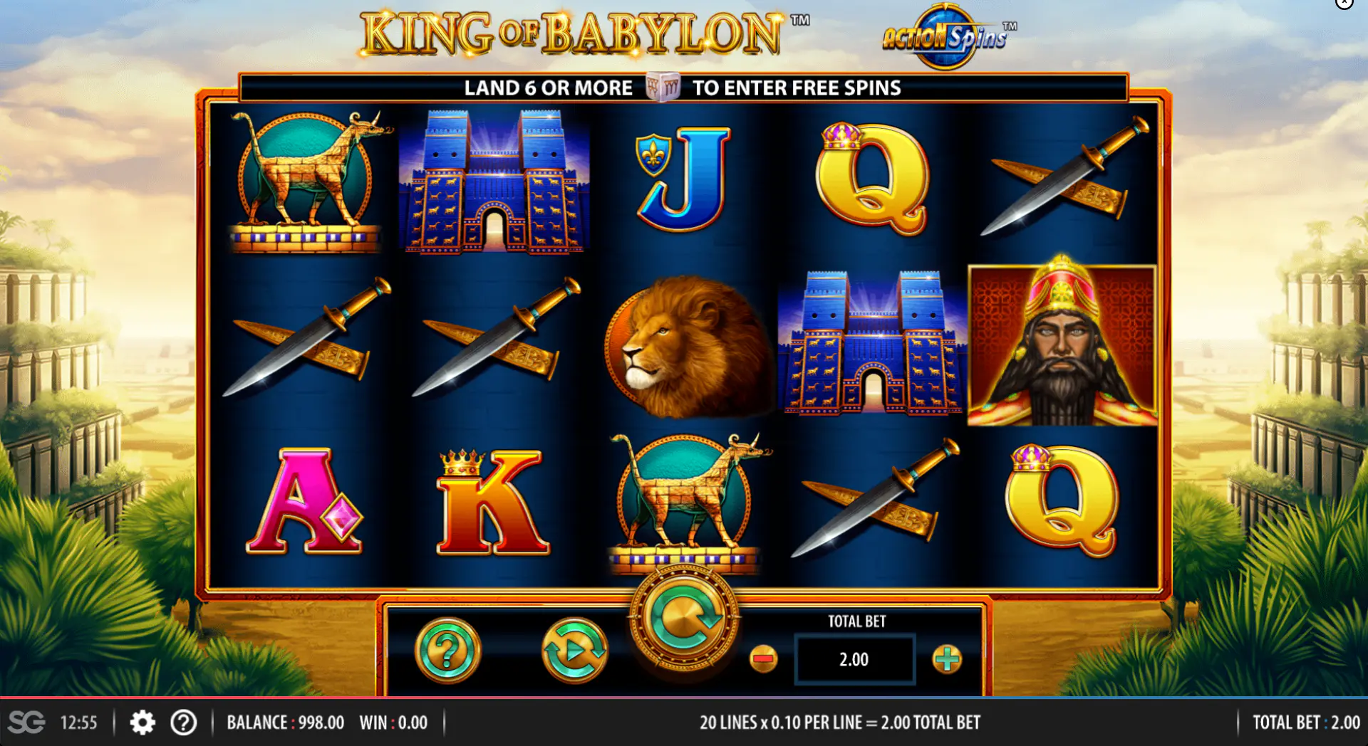 ing of Babylon Action Spins base game with 5x3 reels in the standard play view, showing the layout players read on every spin