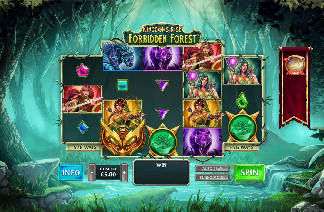 Kingdoms Rise Forbidden Forest slot main 5-reel grid showing the 3-4-4-4-3 layout and progressive jackpot meters for player awareness.