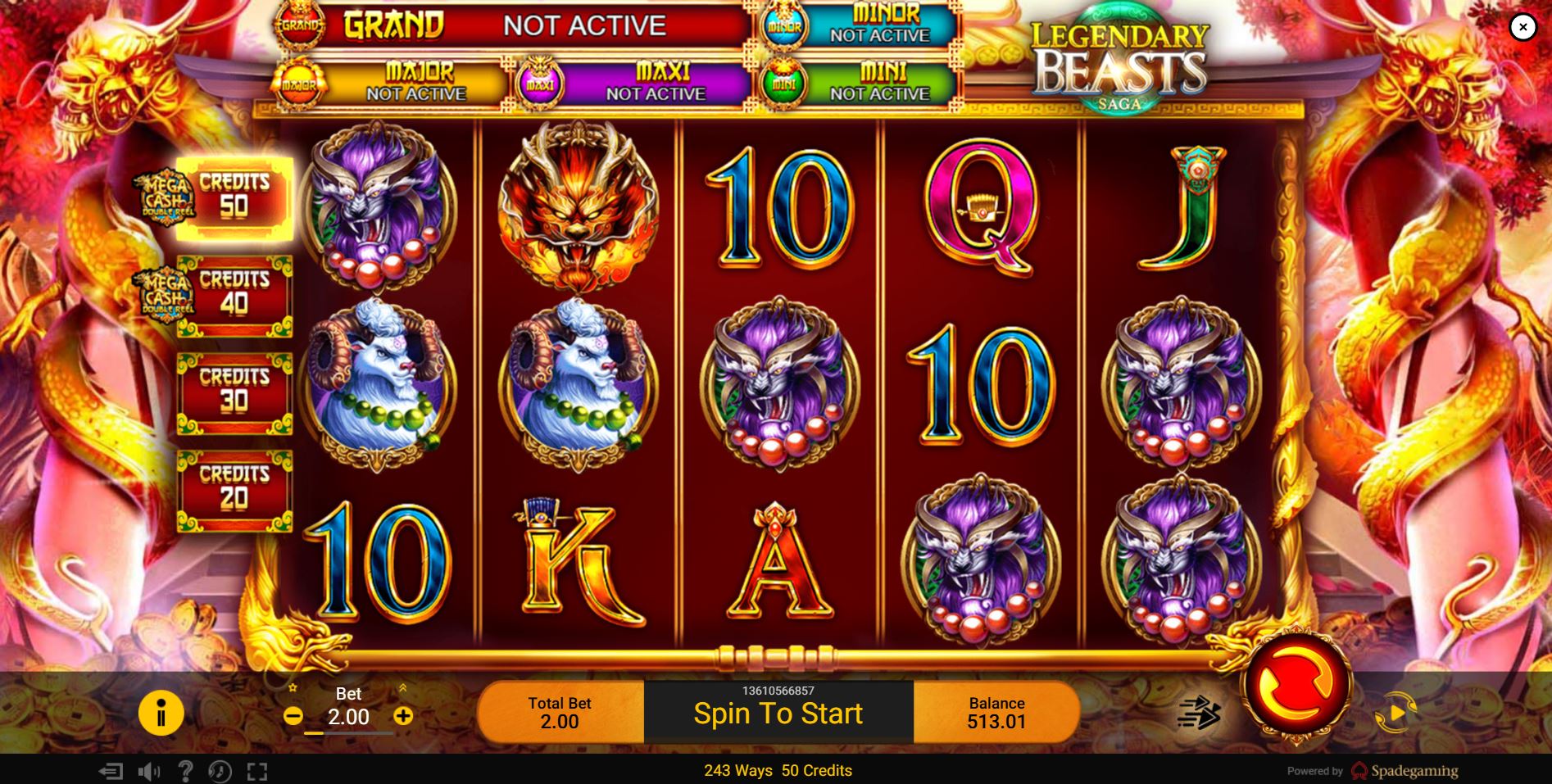 The main game screen of Legendary Beasts Saga, showing the 5x3 reel layout with mythological creature symbols and a temple background.