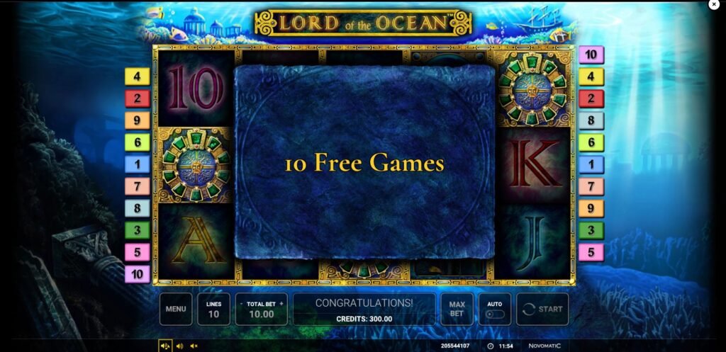 Three Gate scatter symbols landing simultaneously on the Lord of the Ocean reels, triggering the Free Spins bonus round.