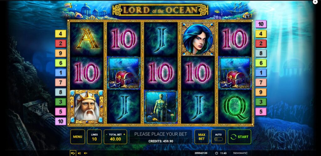 Main game interface of Lord of the Ocean slot featuring the 5x3 reel grid, key symbols like Poseidon, and the underwater theme control panel.