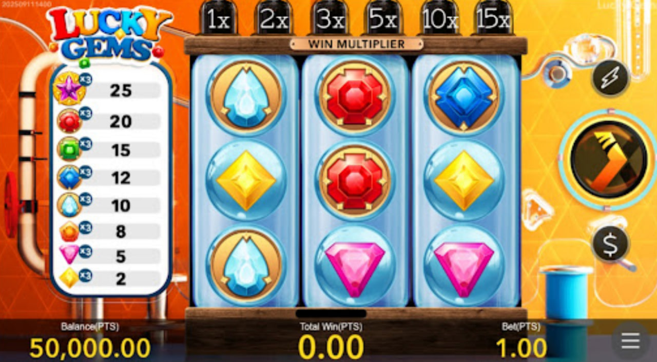 Lucky Gems slot by Nextspin base game interface showing 3 reels and multiplier tube.