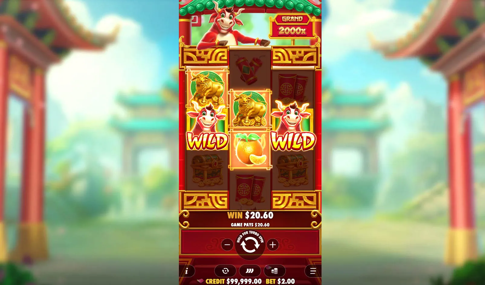 Golden Ox Wild symbol connecting a winning payline combination on the 3x4 grid in the Lucky Ox base game.