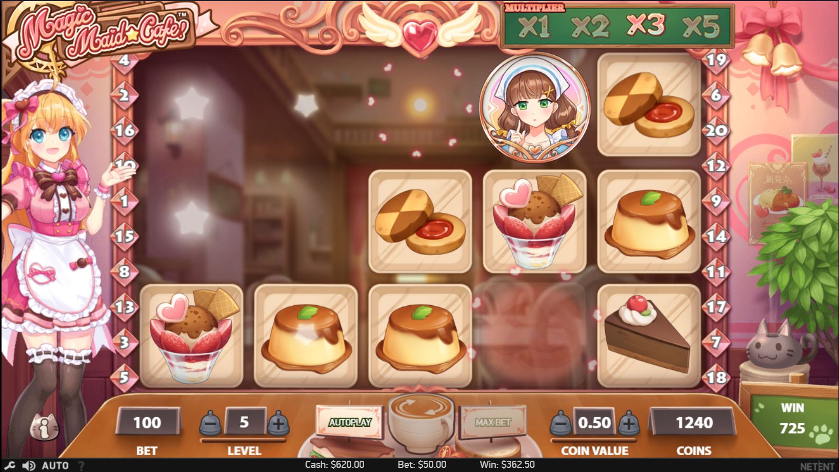 he Avalanche feature activating in the Magic Maid Cafe slot after a winning combination.