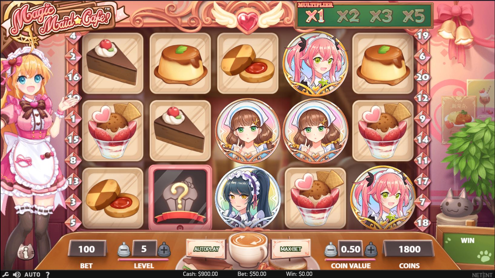 Magic Maid Cafe slot base game with anime maid and dessert symbols on the reels.