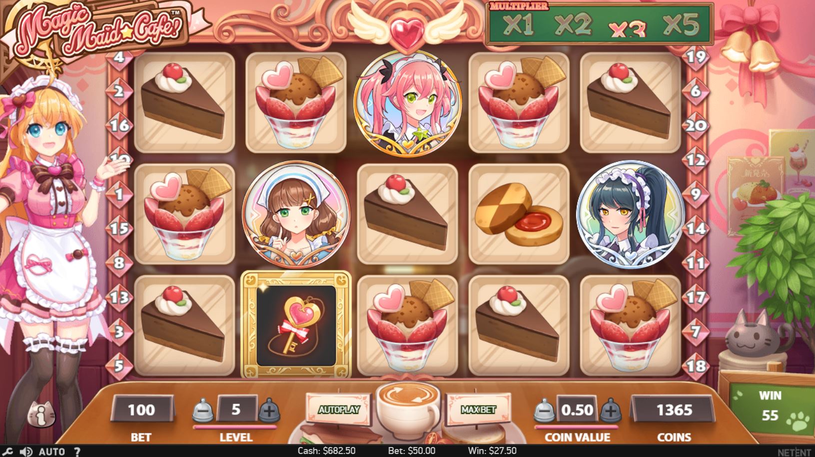 The win multiplier reaching x5 in the Magic Maid Cafe base game.