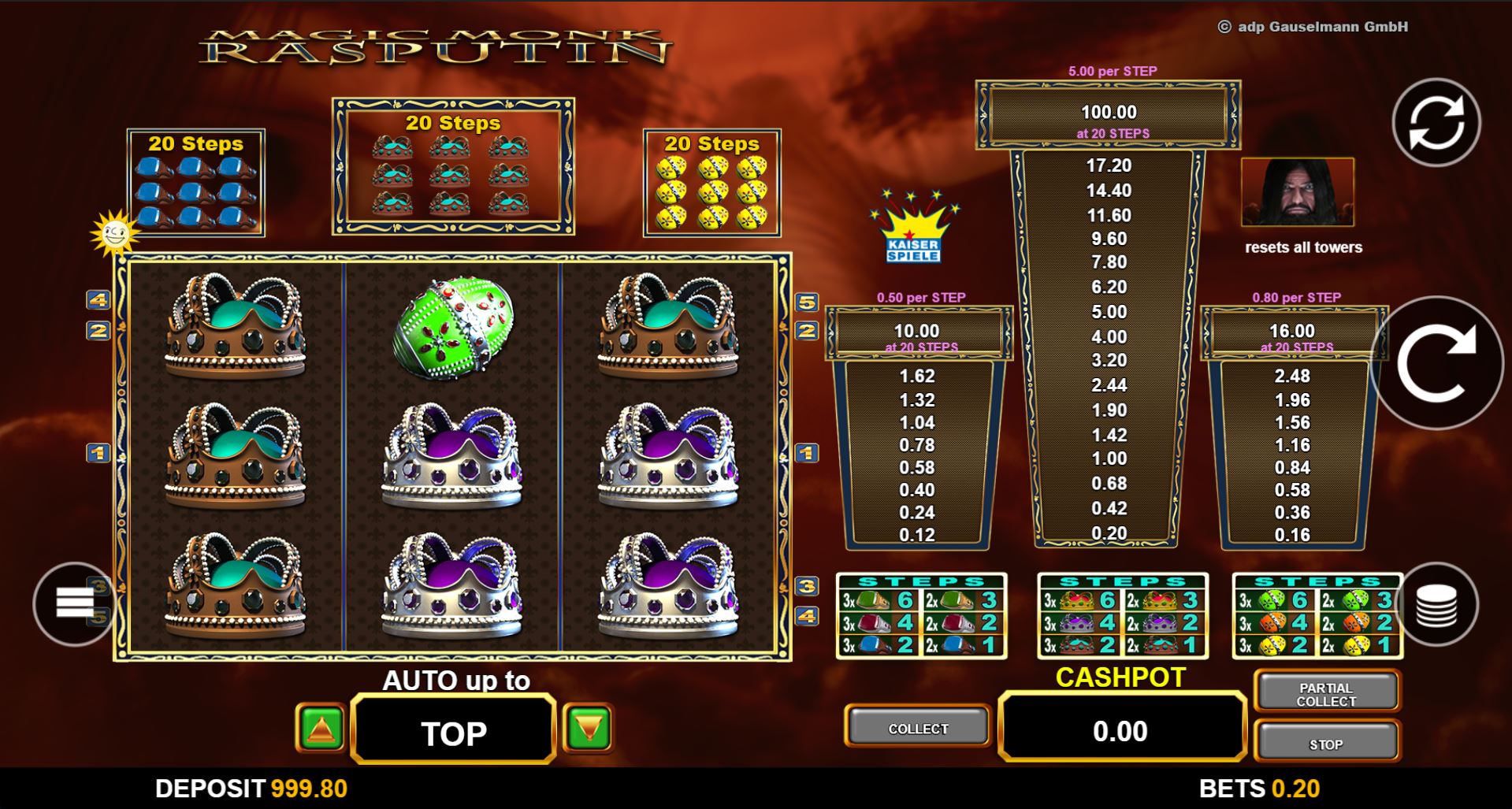 The 3x3 reel layout of the Magic Monk Rasputin slot, showing the prize ladders on the right side of the screen before any wins.