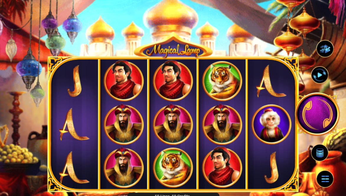 Magical Lamp slot base game 5x4 grid featuring Aladdin, Jasmine, and Tiger symbols for high-payout combinations.