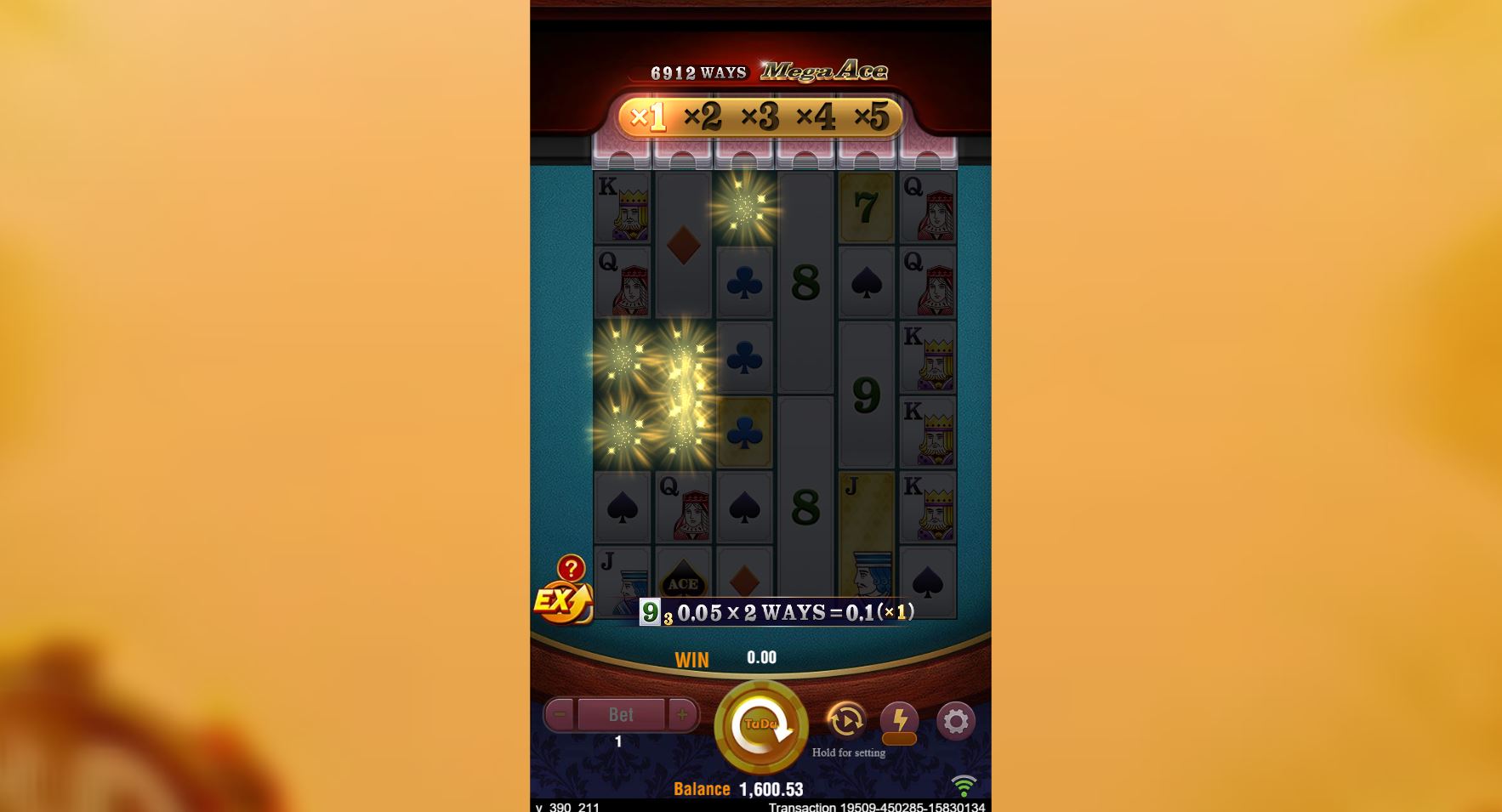 A winning combination explodes on the Mega Ace slot reels, demonstrating the cascading reels feature in action.