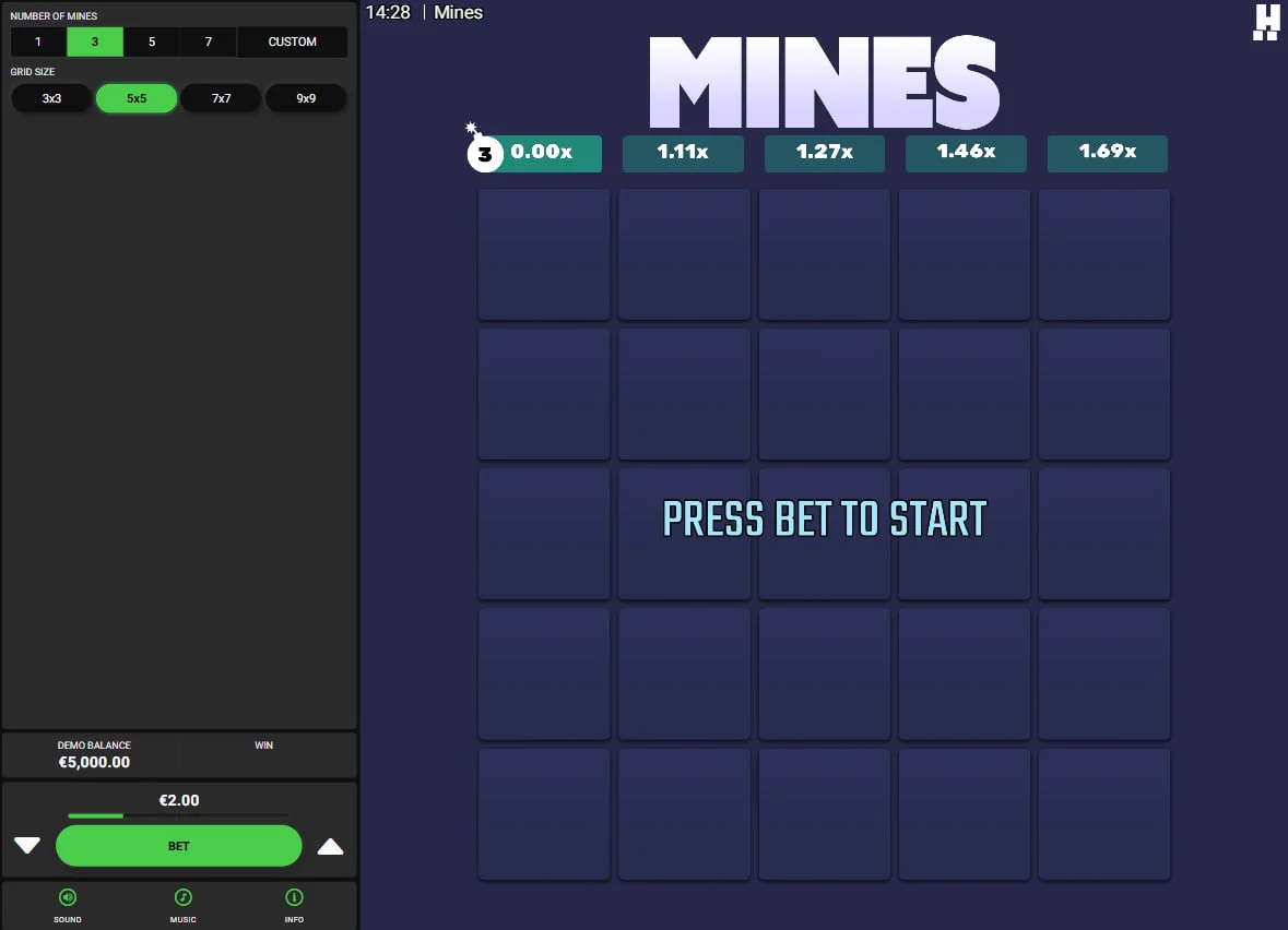 Neon blue diamonds revealed on a 5x5 grid in Mines by Hacksaw Gaming showing active winning multipliers for the player.