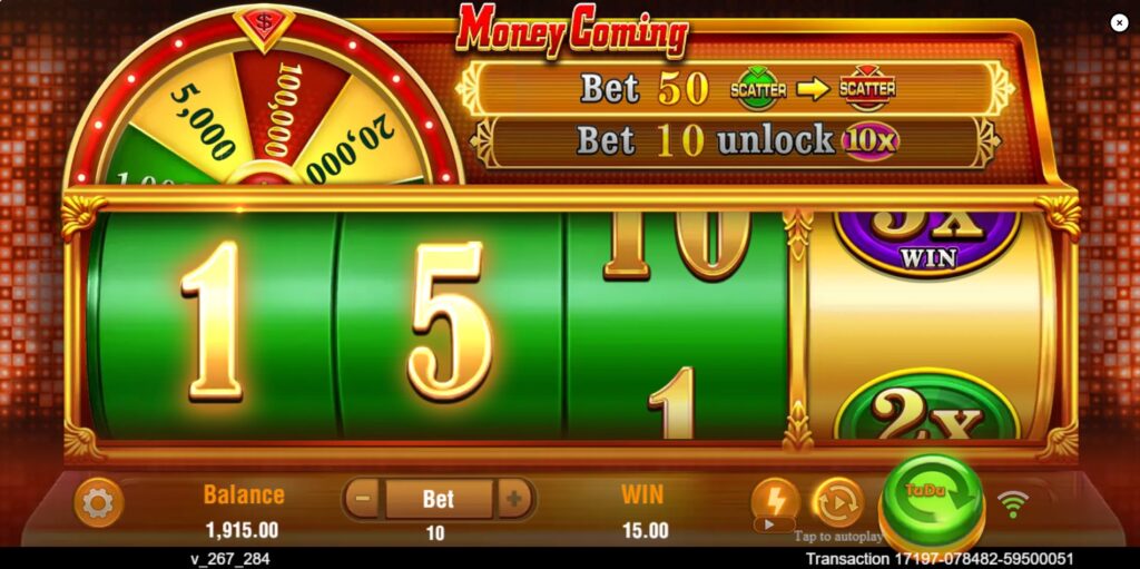 Example of a numerical win (e.g., 15 points from 1-5-x sequence) on the main reels of Money Coming slot.