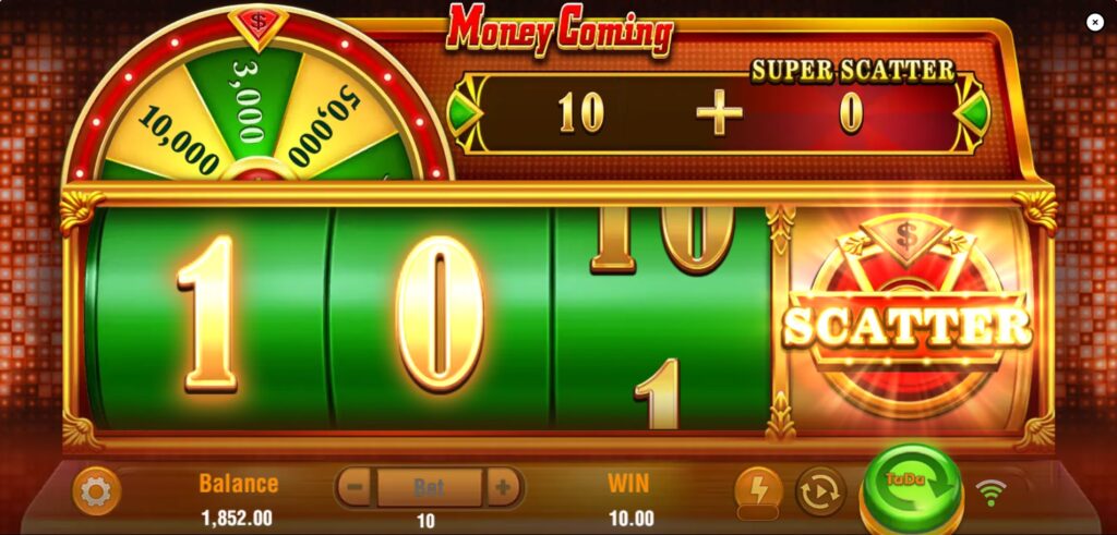 Scatter symbol ($) on the 4th special reel activating the Lucky Wheel bonus feature in Money Coming slot after a win.
