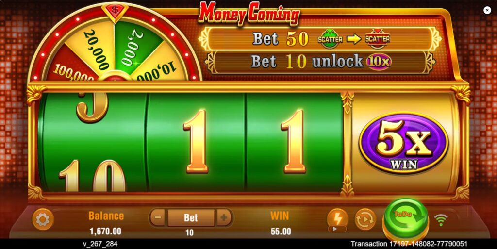 Money Coming slot showing a win boosted by a multiplier symbol (e.g., 5x Win) landed on the 4th special reel.