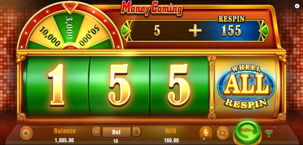The 'Wheel All Respin' symbol activating on the 4th special reel during a winning spin in Money Coming slot.