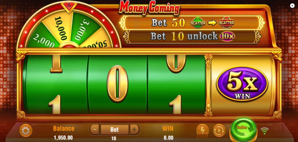 Main game screen of Money Coming slot displaying the 3x1 reels, 4th special reel, Lucky Wheel on top, and user interface.