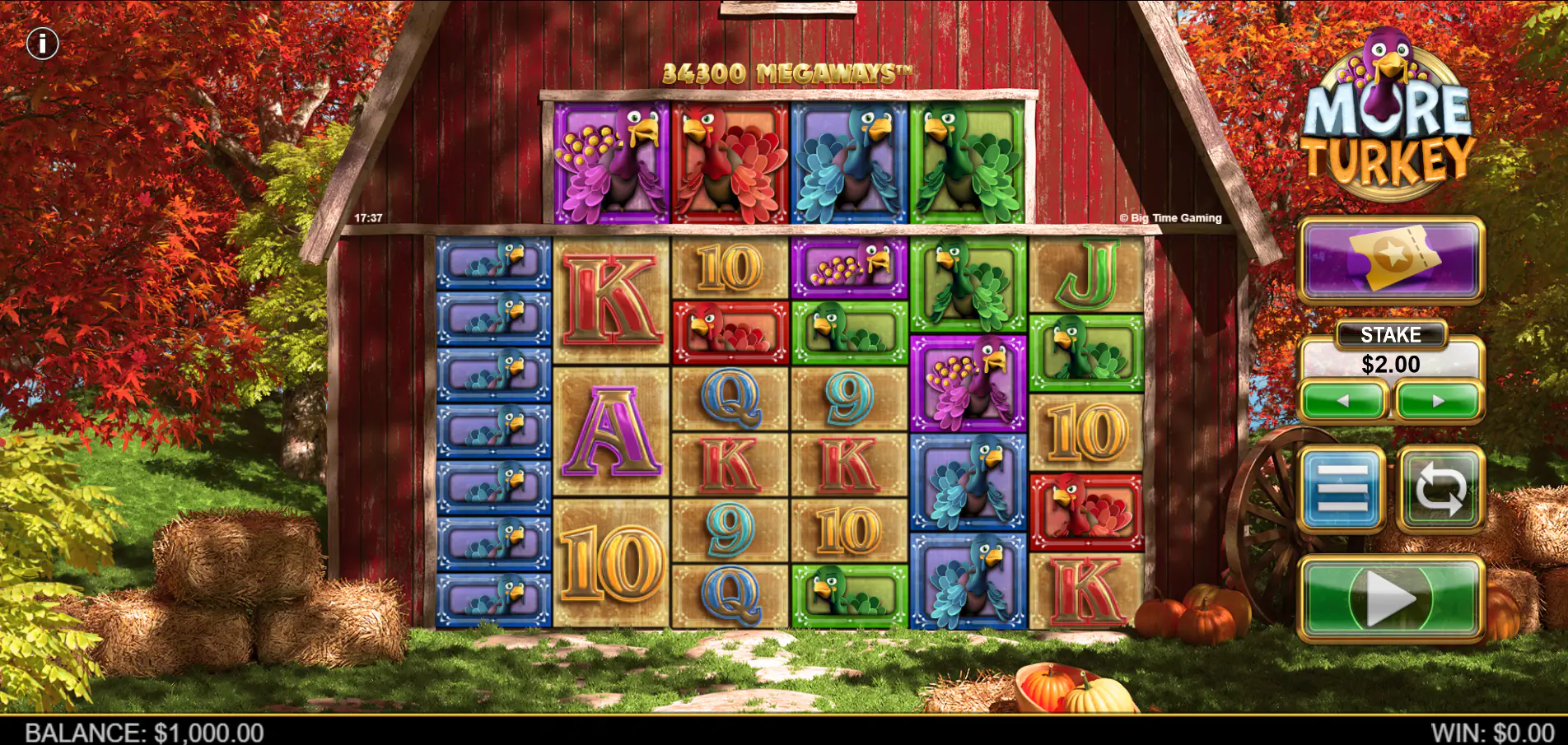 The base game grid of More Turkey slot with 34,300 Megaways active, showing the dynamic reel heights and the Extra Reel feature.