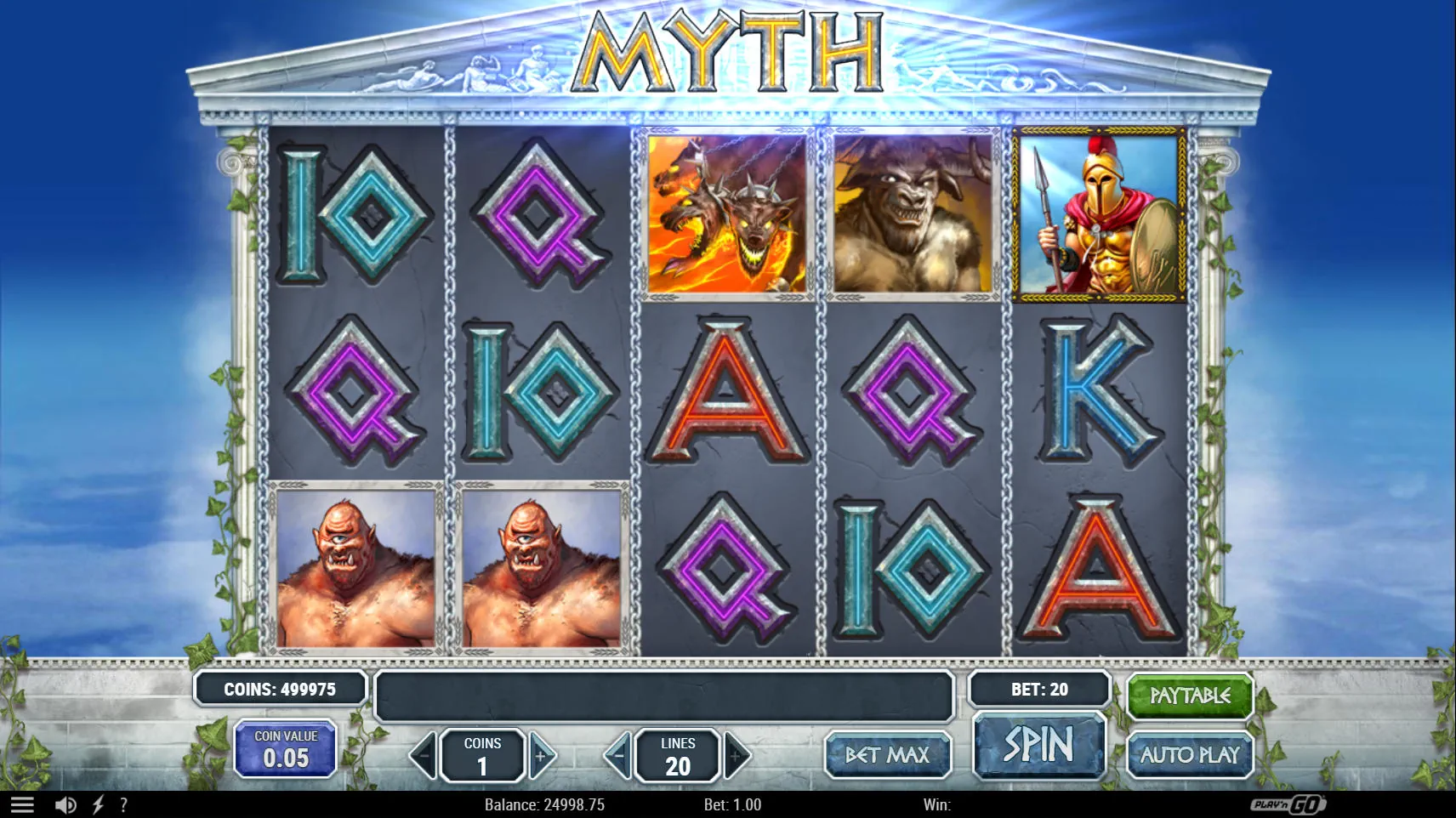 The 5x3 reel grid of the Myth slot showing mythological symbols like Cerberus and a Wild Hero, highlighting the base game's payout potential.