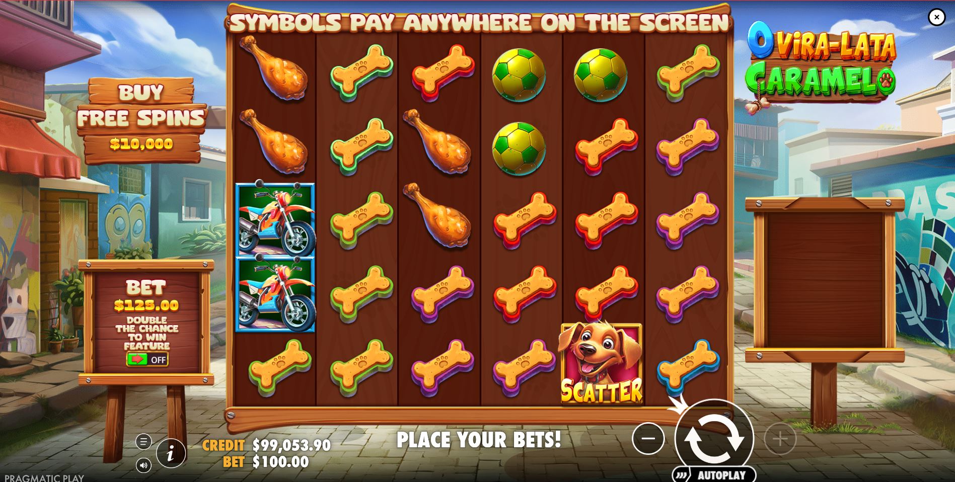 O Vira-lata Caramelo slot base game screen with 6x5 reel layout.