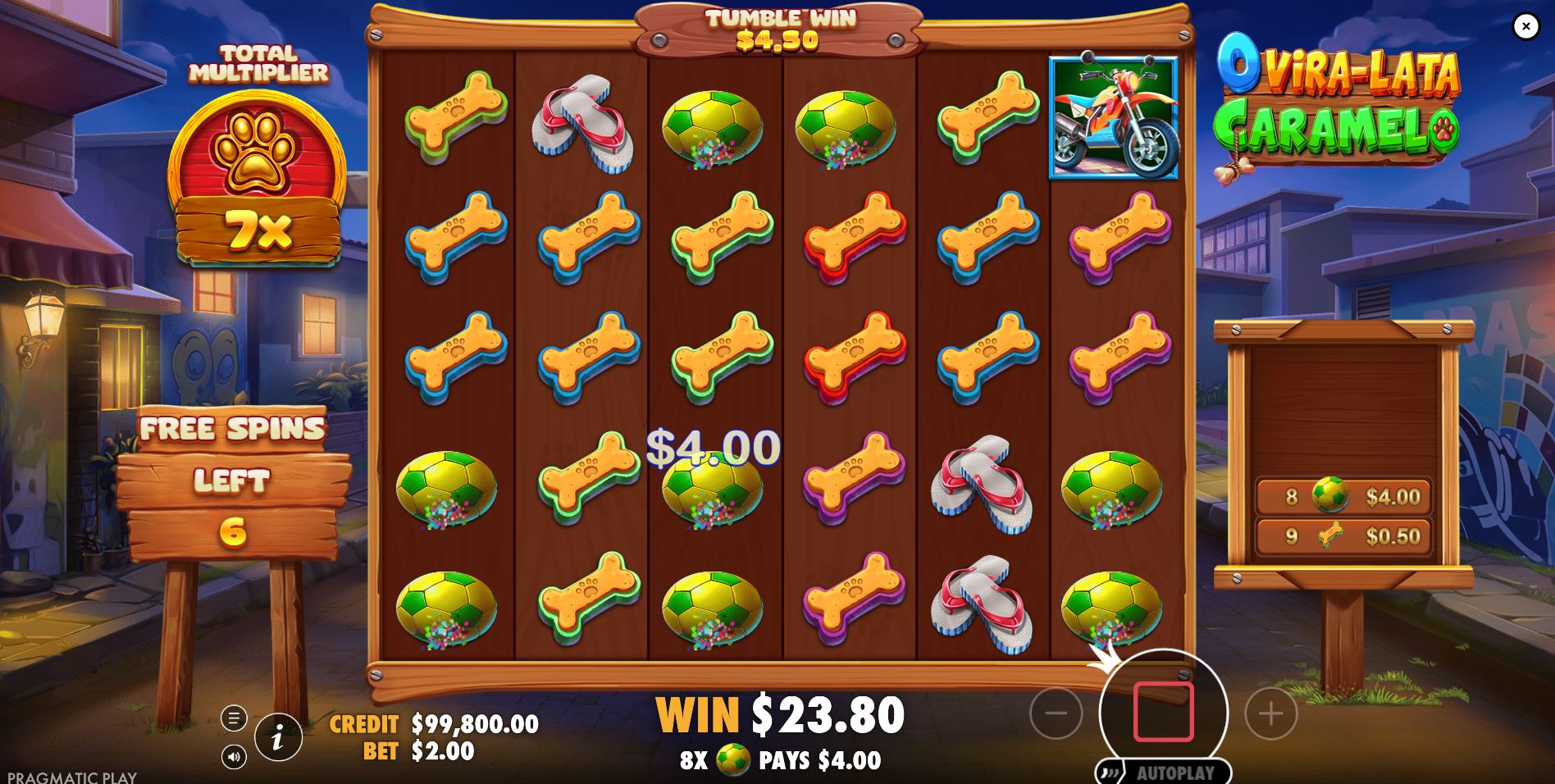 The O Vira-lata Caramelo free spins round interface with the total multiplier meter visible.