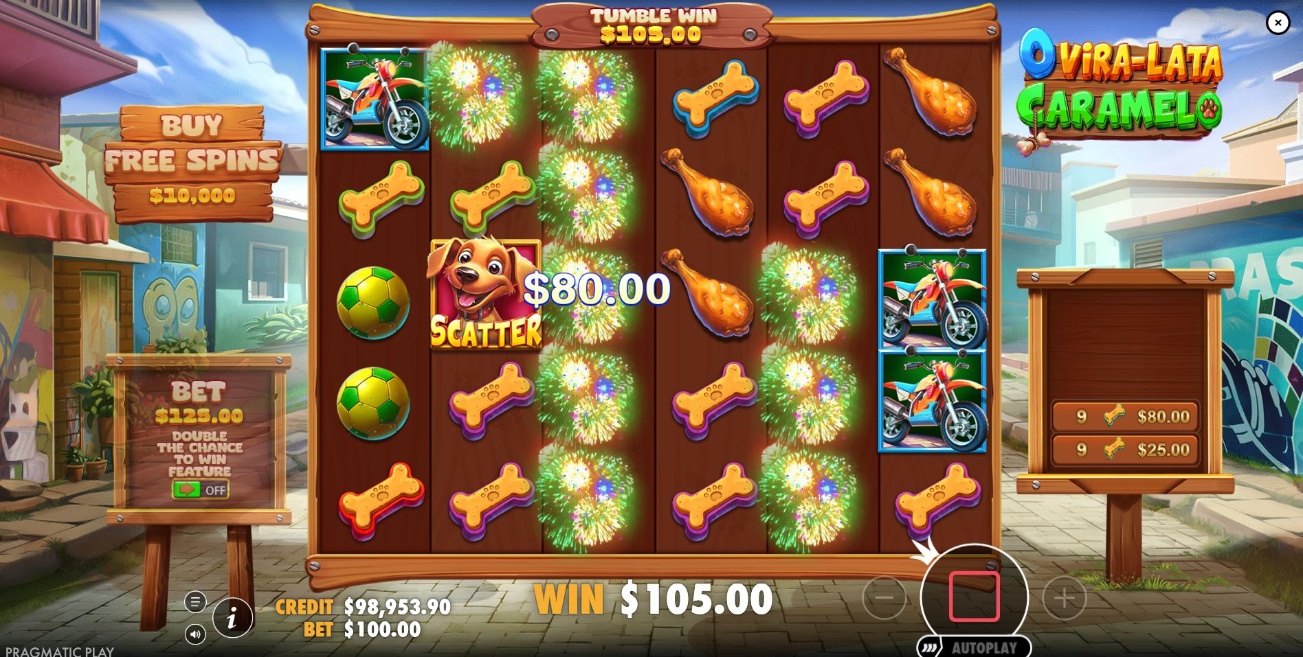 A winning combination activating the Tumble feature in the O Vira-lata Caramelo slot.