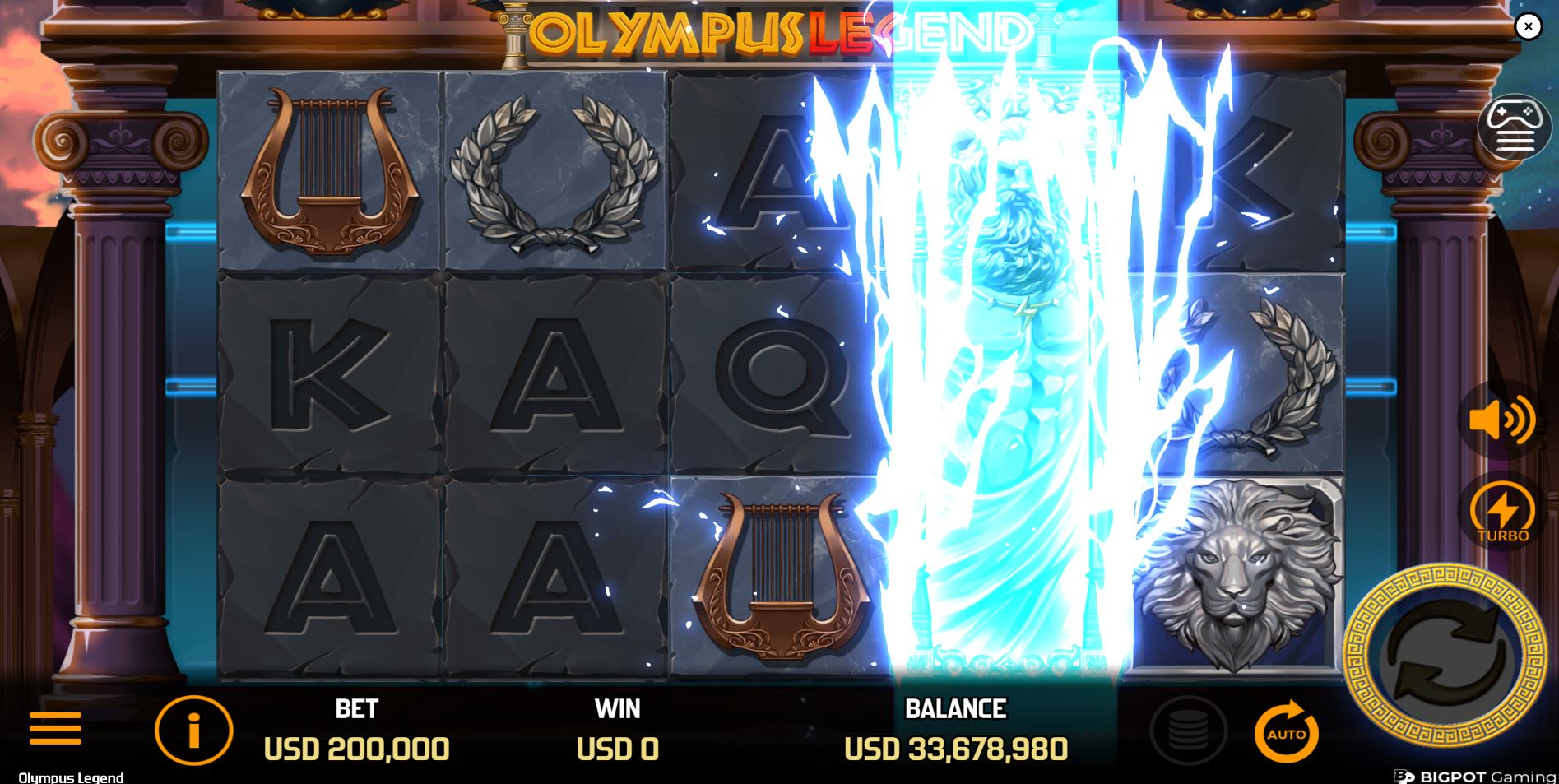 The powerful Zeus Big Wild feature activated on the 4 reel of the Olympus Legend slot, crackling with divine energy.
