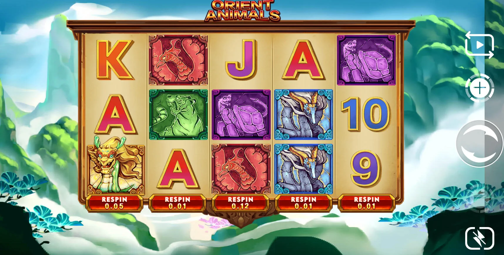Base game grid of Orient Animals slot displaying the 5x3 layout and the individual paid respin buttons located under each reel.