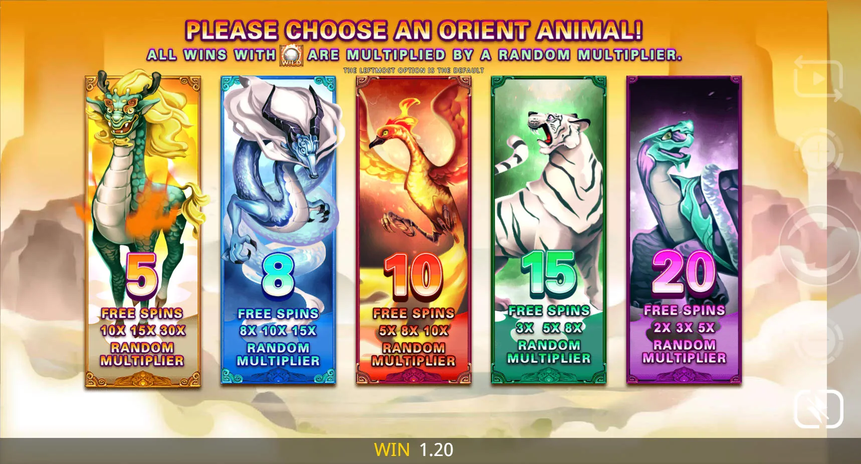 Free spins selection screen in Orient Animals showing five animal options with varying spin counts and wild multipliers for volatility control.