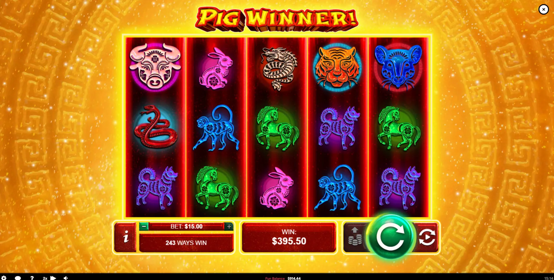 The 5x3 reel layout of the Pig Winner online slot during base gameplay, displaying the various neon-colored Chinese Zodiac animal symbols.