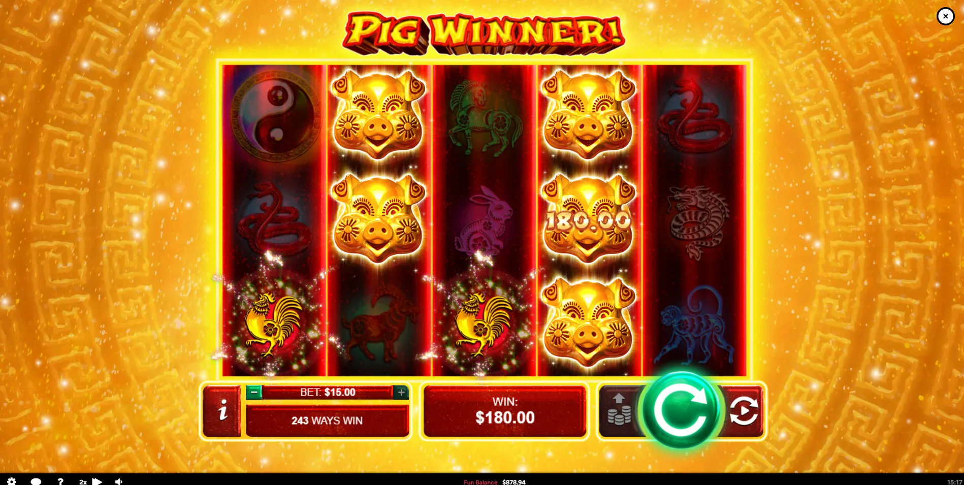 A winning combination in the Pig Winner slot featuring a stacked Pig Wild on reel 4, demonstrating how it doubles the prize payout.