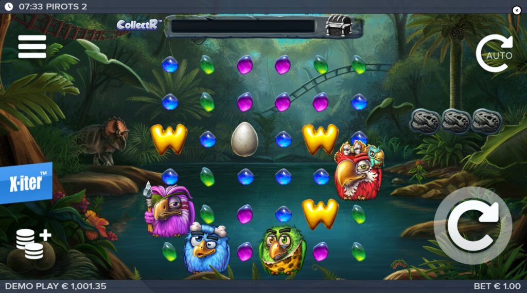 Pirots 2 slot base game interface showing the initial 6x6 grid layout with four Pirot bird collectors and various colored Amber symbols.