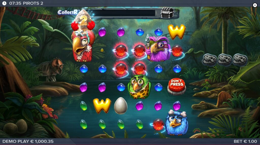 A Pirot bird moving on the Pirots 2 grid to collect an adjacent Amber symbol, illustrating the CollectR mechanic.