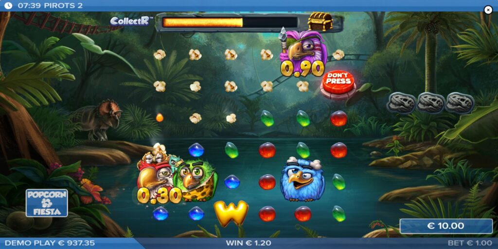 Pirots 2 slot grid showing the Popcorn feature active, filling empty spaces to allow birds to cross.