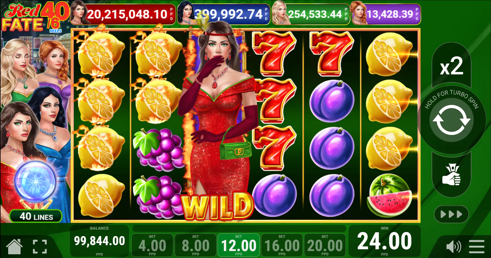 Lady in Red expanding wild covering the entire third reel in Red Fate 40/6 slot, showing players how the symbol substitutes to create winning lines.