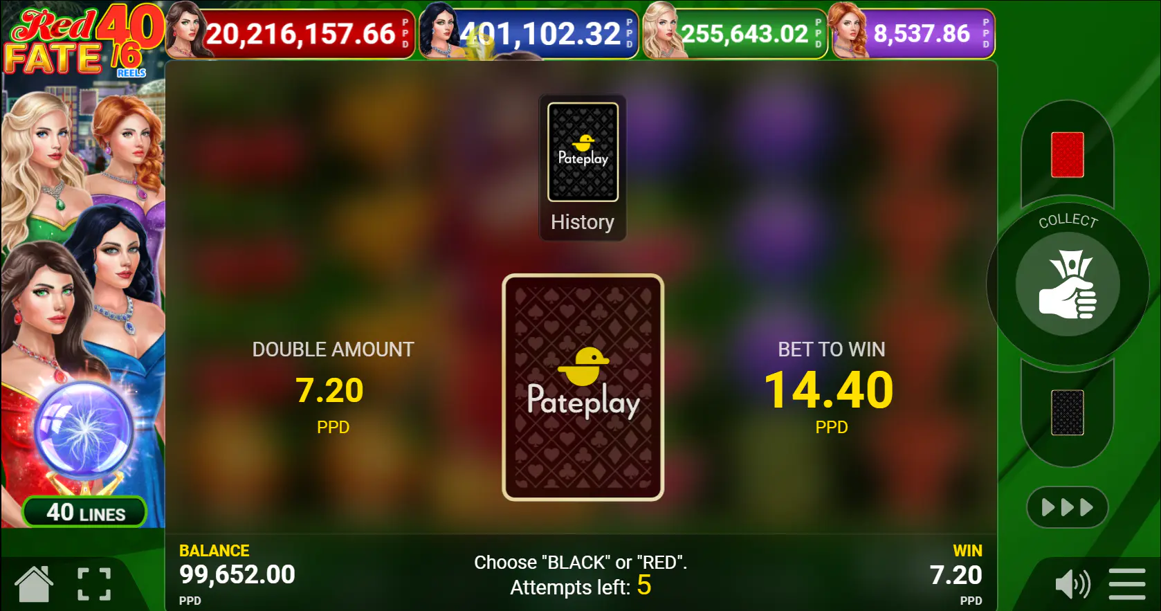 The Red or Black card gamble interface in Red Fate 40/6 slot, demonstrating the risk mechanic where players can double their base game wins.