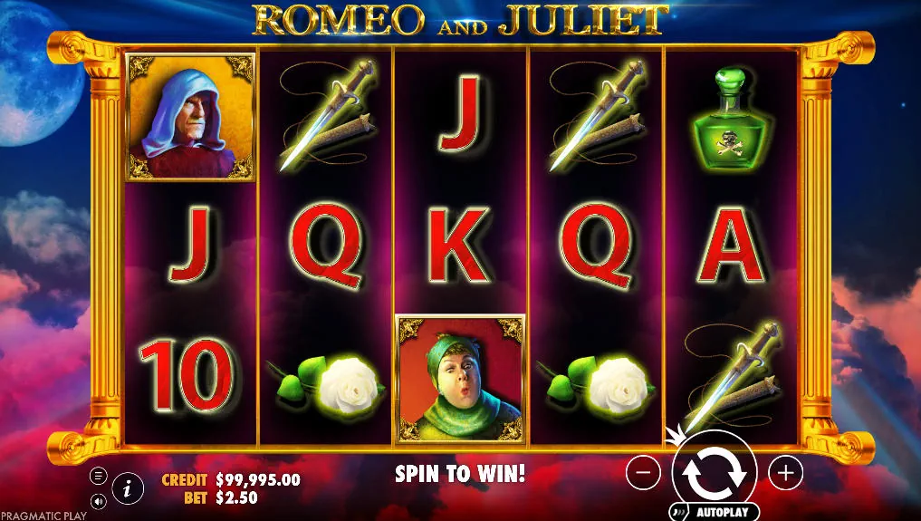 The 5x3 game grid of the Romeo and Juliet slot by Pragmatic Play, showing the Shakespearean-themed symbols on the reels during base gameplay.