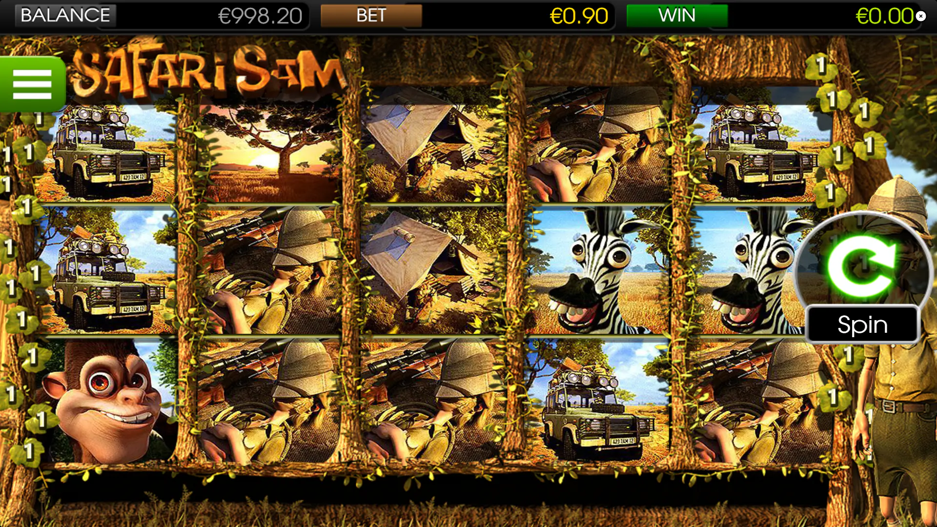 The standard 5x3 grid layout in the Safari Sam base game featuring African savanna symbols.