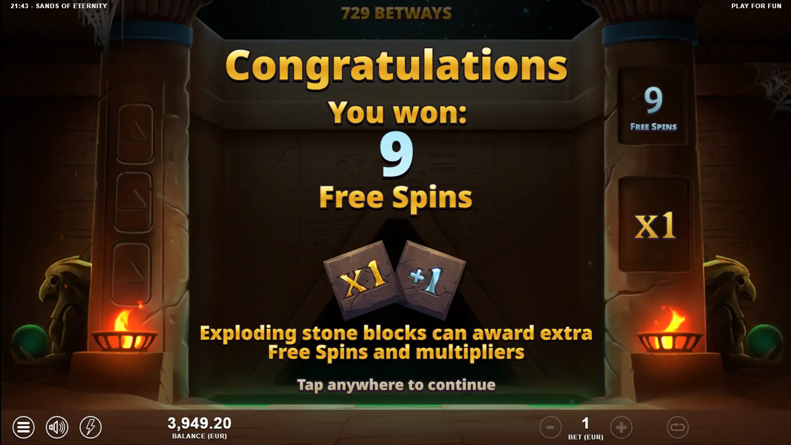 The Free Spins bonus round triggered in Sands of Eternity, displaying the number of spins awarded, which is the game's main feature.