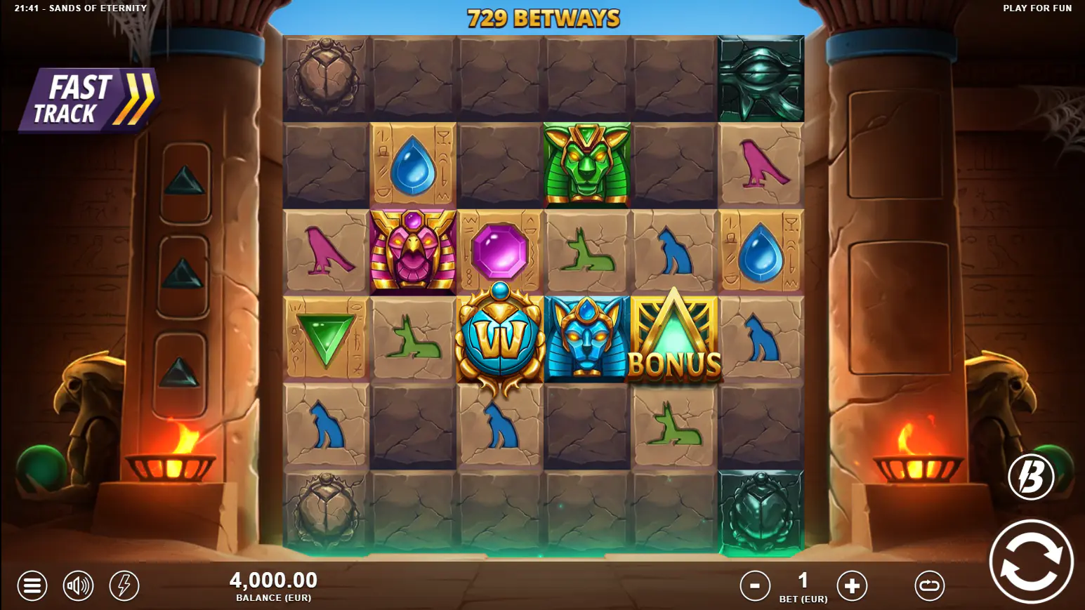 The starting 6x3 grid in Sands of Eternity, showing the stone blockers and 729 betways, illustrating the initial challenge for the player.
