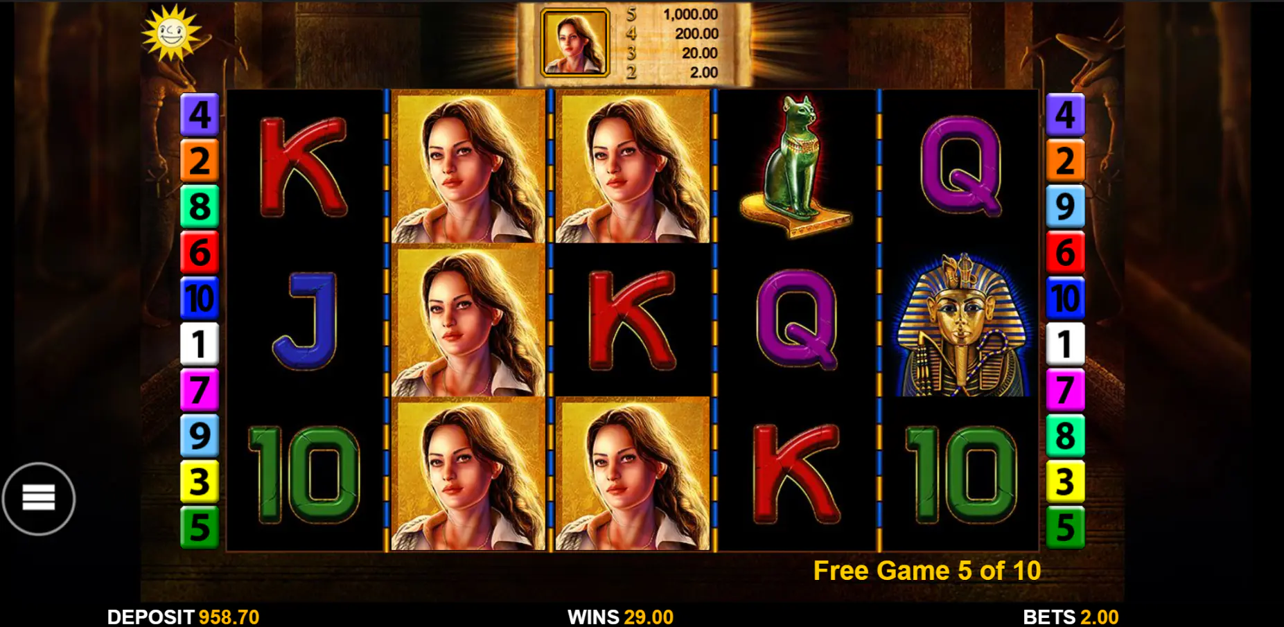Scribes of Thebes bonus gameplay screen during free game 5 of 10 with reels balance wins and bet visible