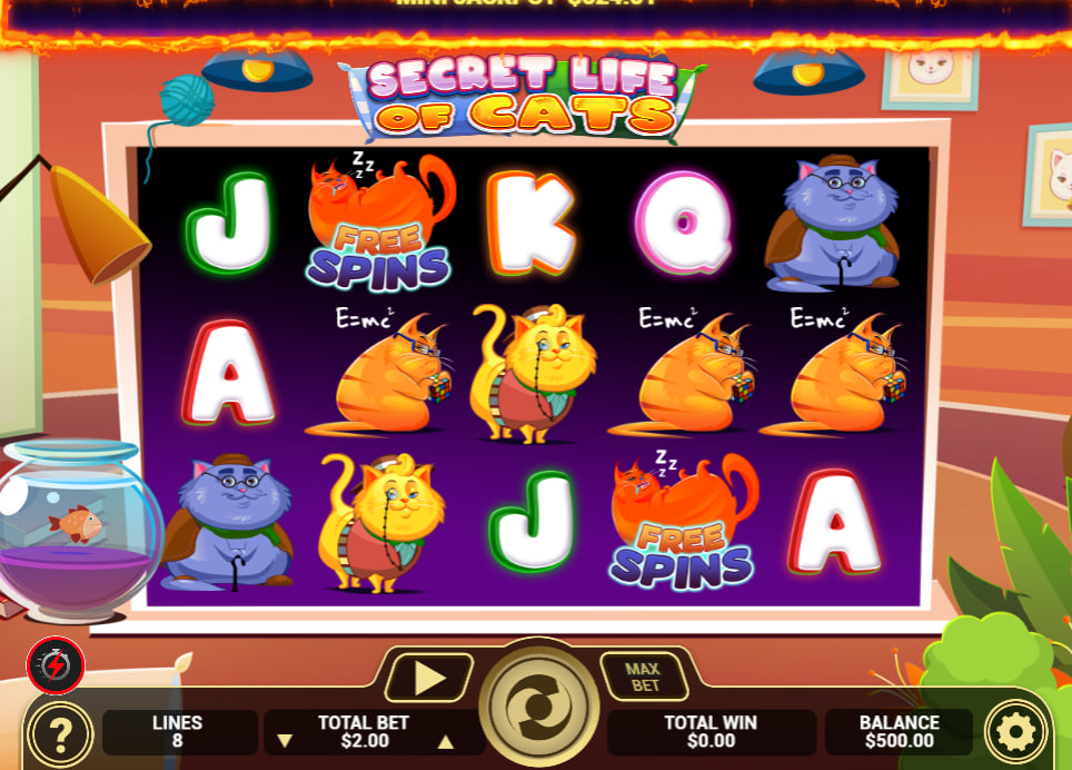 Secret Life of Cats slot paytable interface showing symbol payouts for cat characters and card values to help players calculate winning lines.