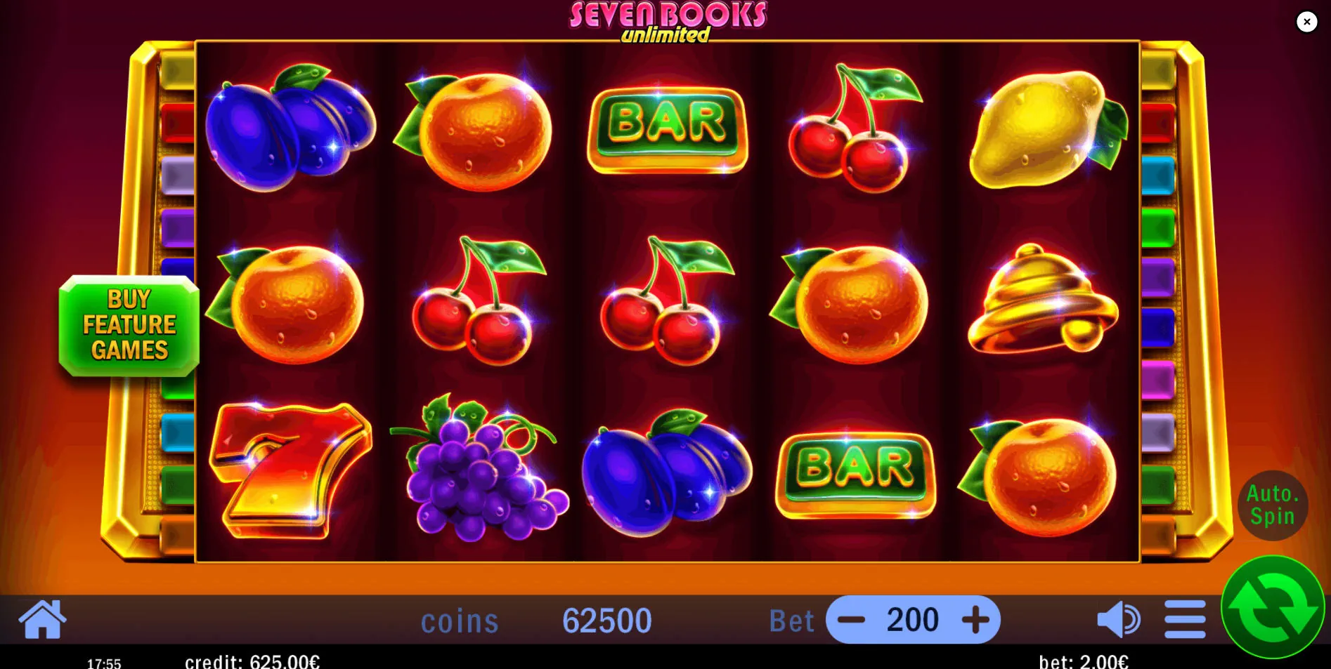 The 5x3 reel layout of the Seven Books Unlimited slot game, showing the classic fruit and 7 symbols on a dark red background during base gameplay.