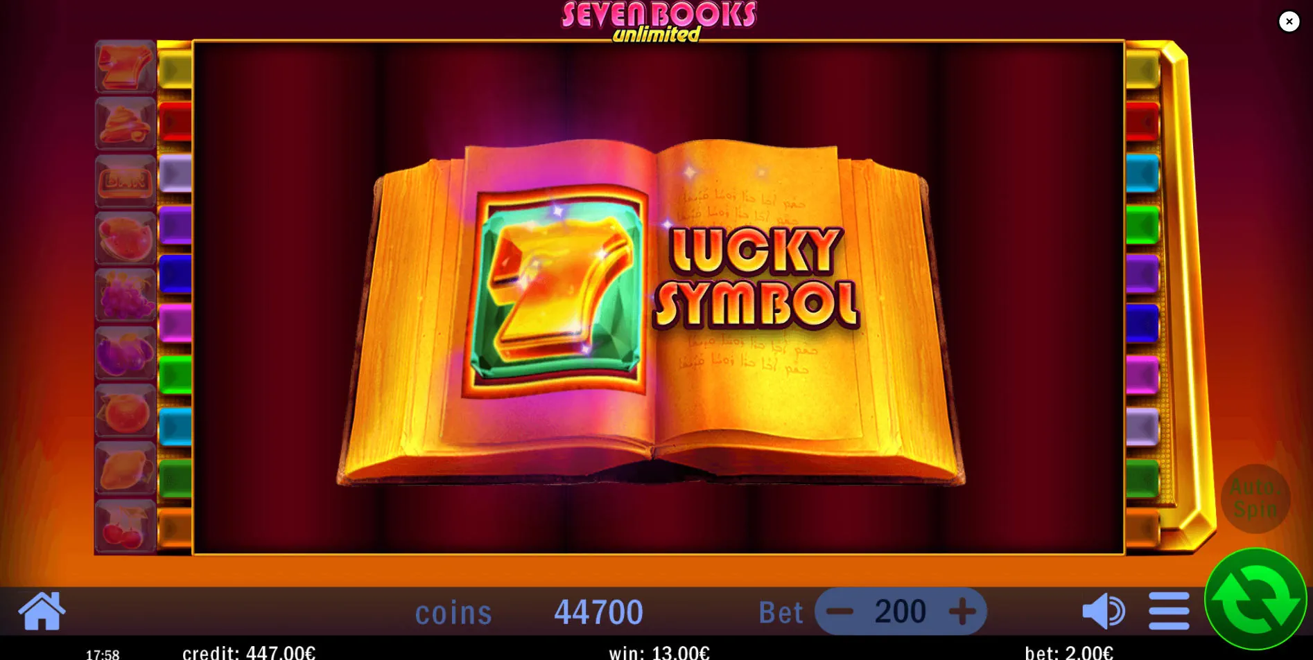 The game screen showing the animated book opening to reveal the randomly selected 'Lucky Symbol' at the start of the bonus feature.