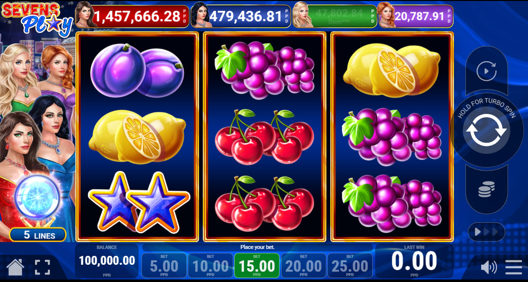 Full 3x3 grid of Sevens Play slot featuring various fruit symbols and the four-level progressive jackpot display on top for tracking prize pools.