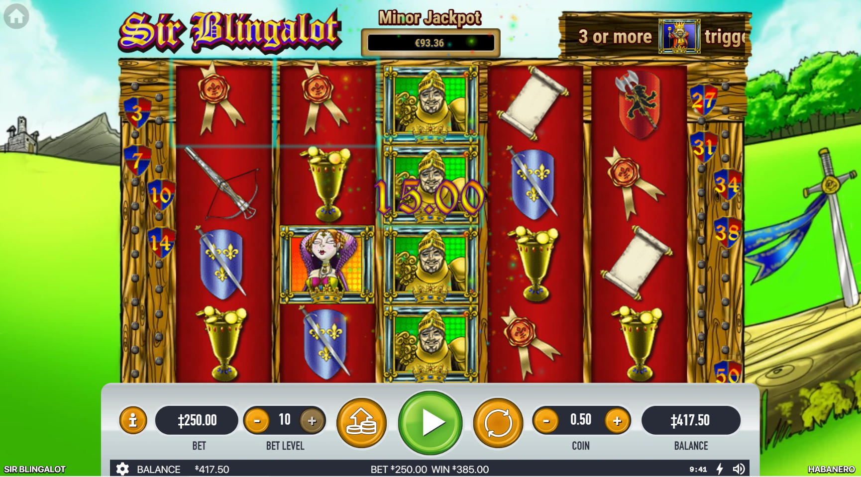 The main game screen of Sir Blingalot slot showing a stacked wild on the third reel, illustrating the key feature for base game wins.